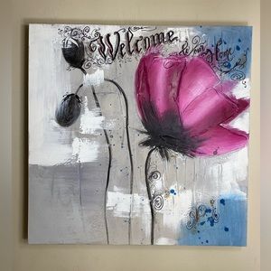 Acrylic painting canvas and welcome handwriting calligraphy.